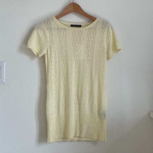 Vintage 2000s Suzy Shier Butter Yellow Knit Pointelle Top Ribbed Waist - Picture 2 of 7